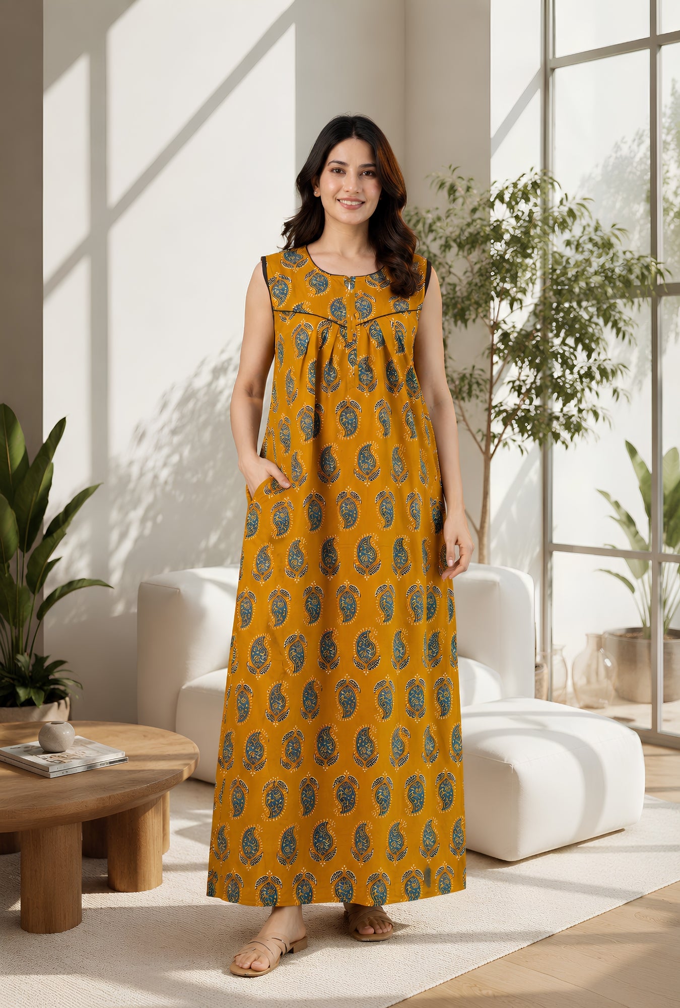 Dream Ease Mustard Sleeveless Cotton Night Gown