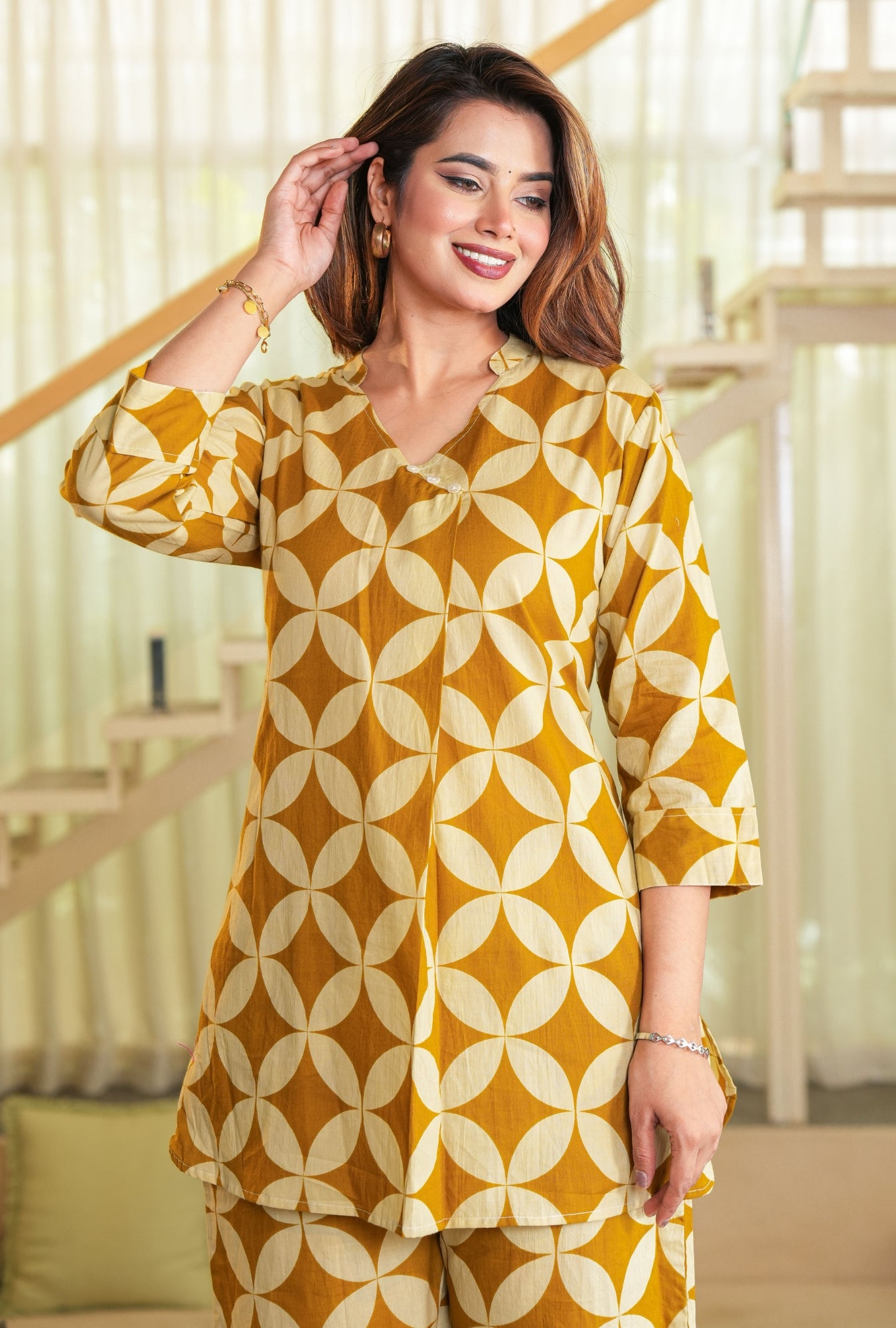 Cubika Mustard Printed Cotton Co-ords Set