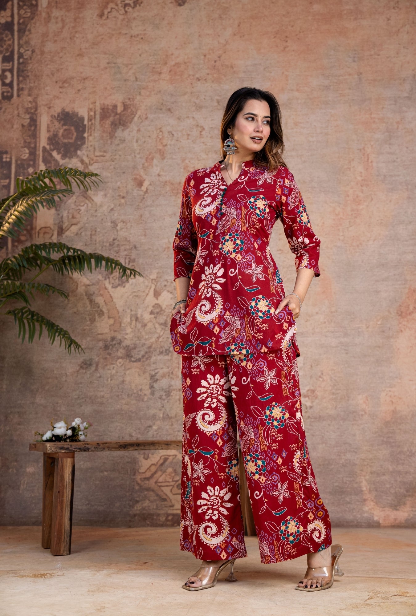 Folk Legends Maroon Printed Cotton Co-ords Set