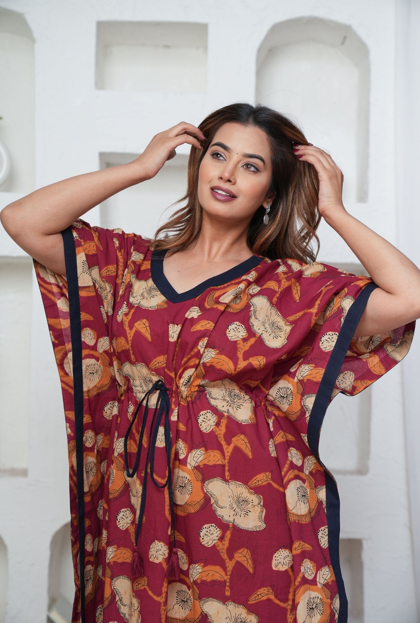 Poppy Flower Maroon Loungewear Kaftan