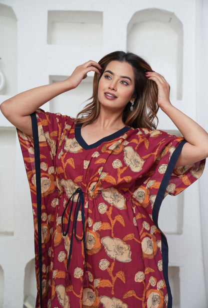 Poppy Flower Maroon Loungewear Kaftan