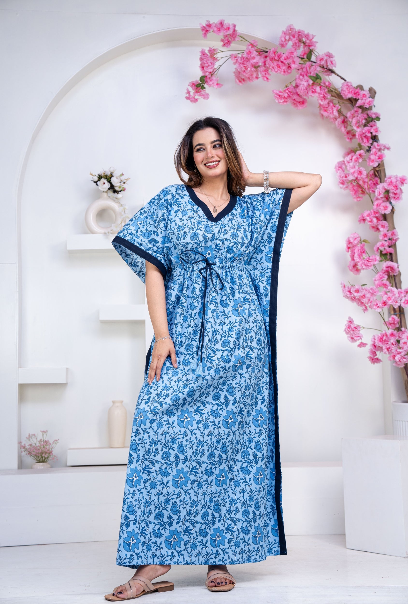 Petal Vines Blue Loungewear Cotton Kaftan