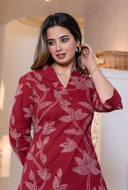 Heritage Dot Maroon Printed Cotton Co-ords Set
