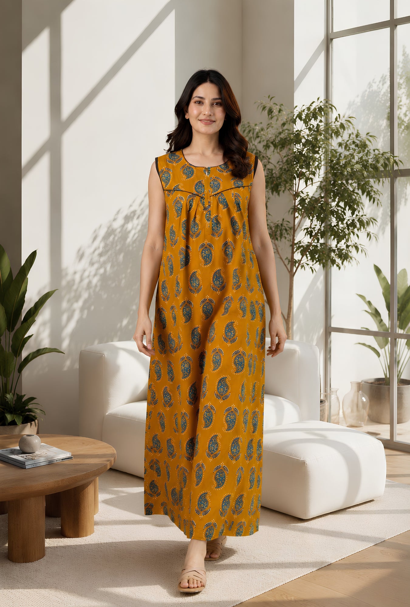 Dream Ease Mustard Sleeveless Cotton Night Gown