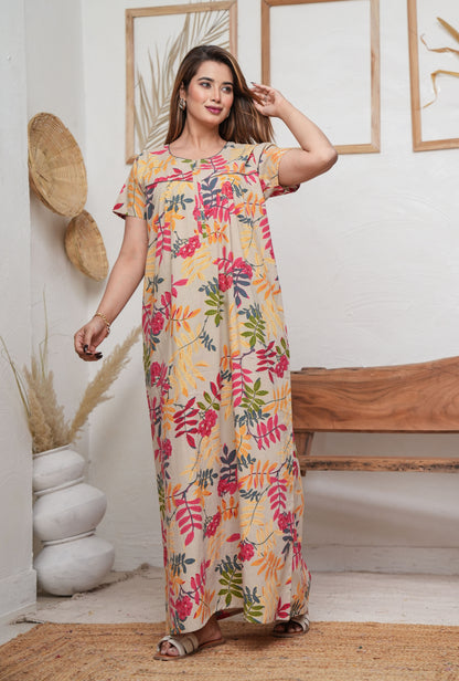 Neem Leaves Beige Cotton Printed Nightwear Gowns