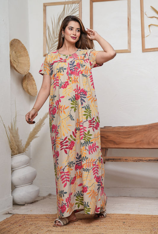 Neem Leaves Beige Cotton Printed Nightwear Gowns