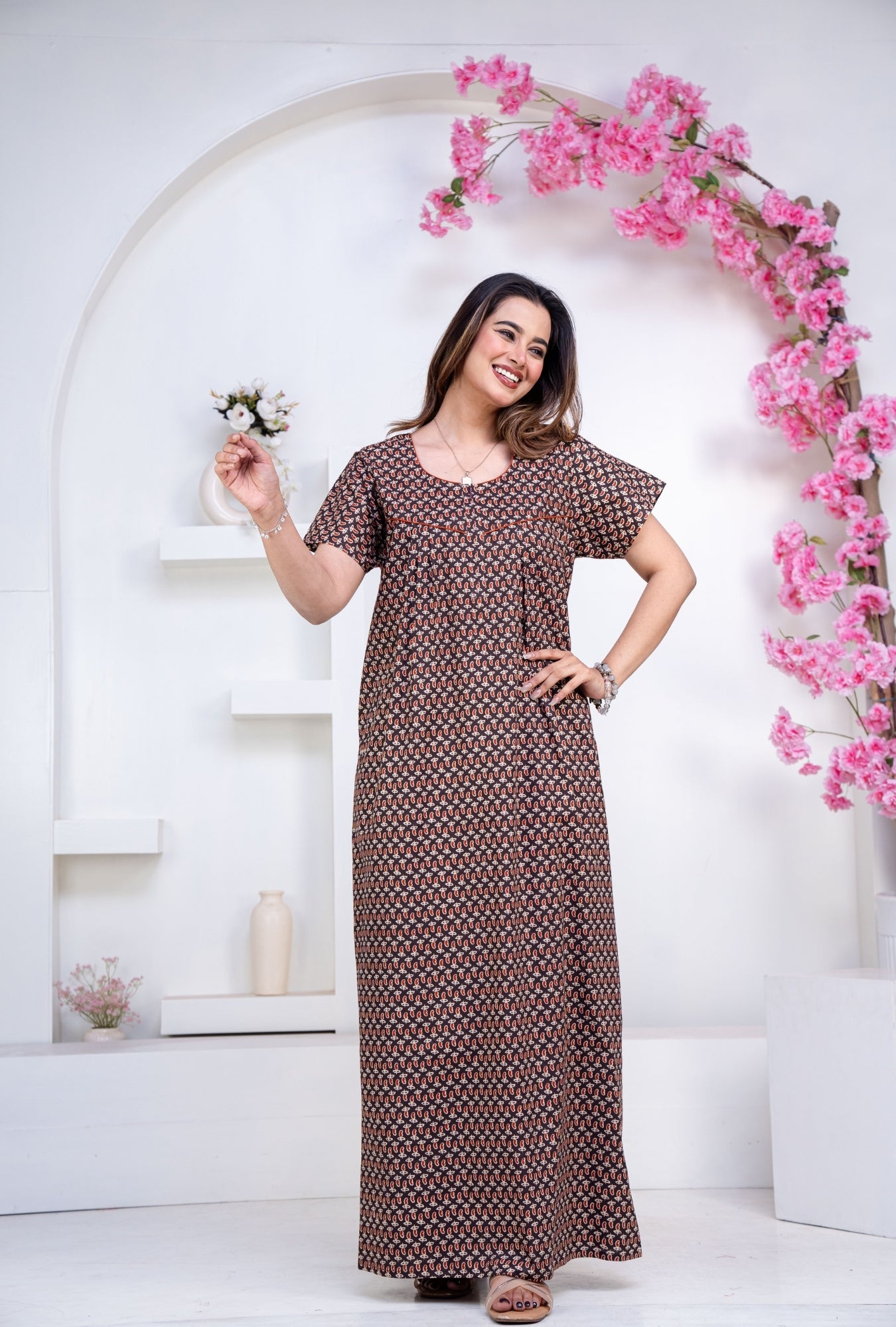 Mango Buti Coffee Cotton Printed Nightwear Gowns