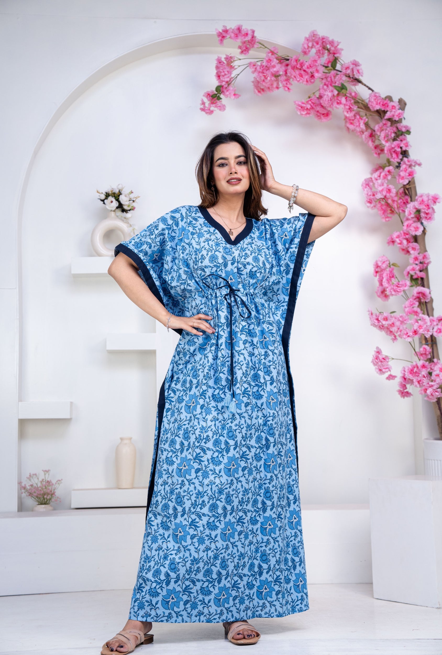 Petal Vines Blue Loungewear Cotton Kaftan
