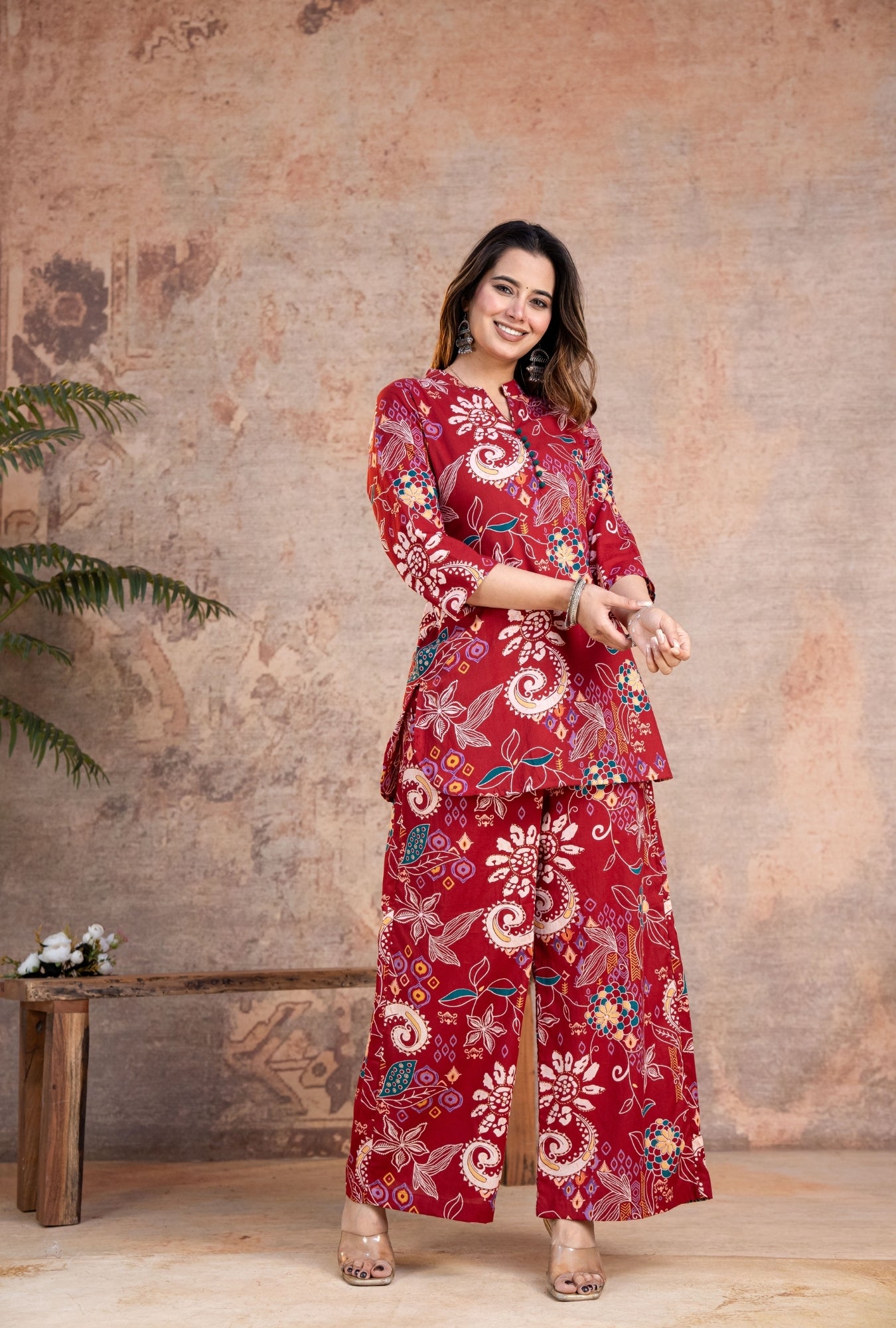 Folk Legends Maroon Printed Cotton Co-ords Set