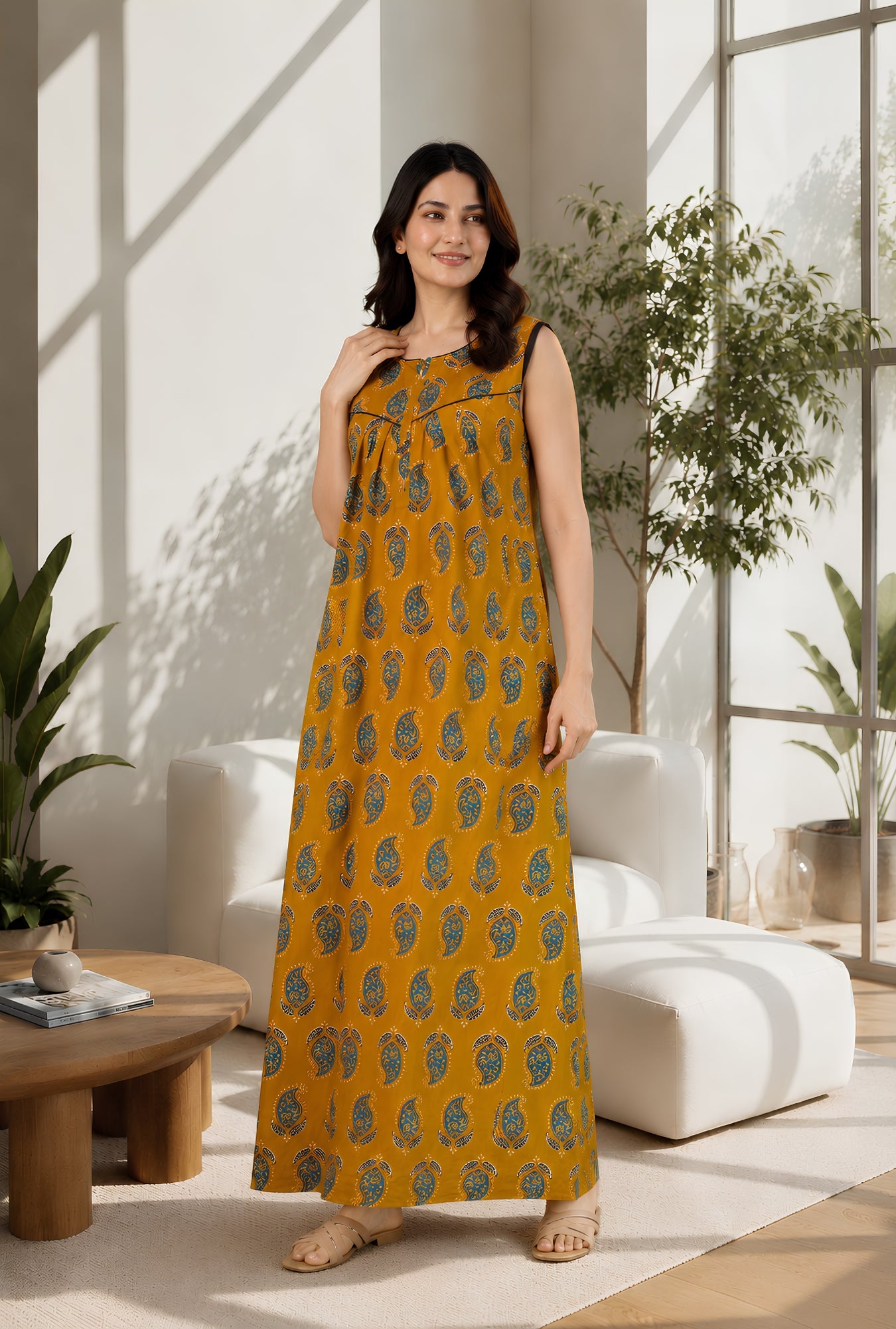 Dream Ease Mustard Sleeveless Cotton Night Gown