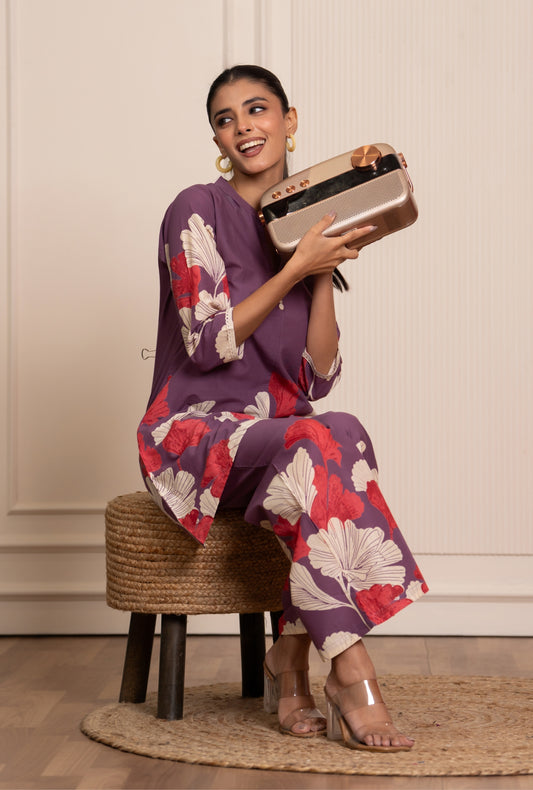 Flora Mist Purple Printed Cotton Co-ords Set