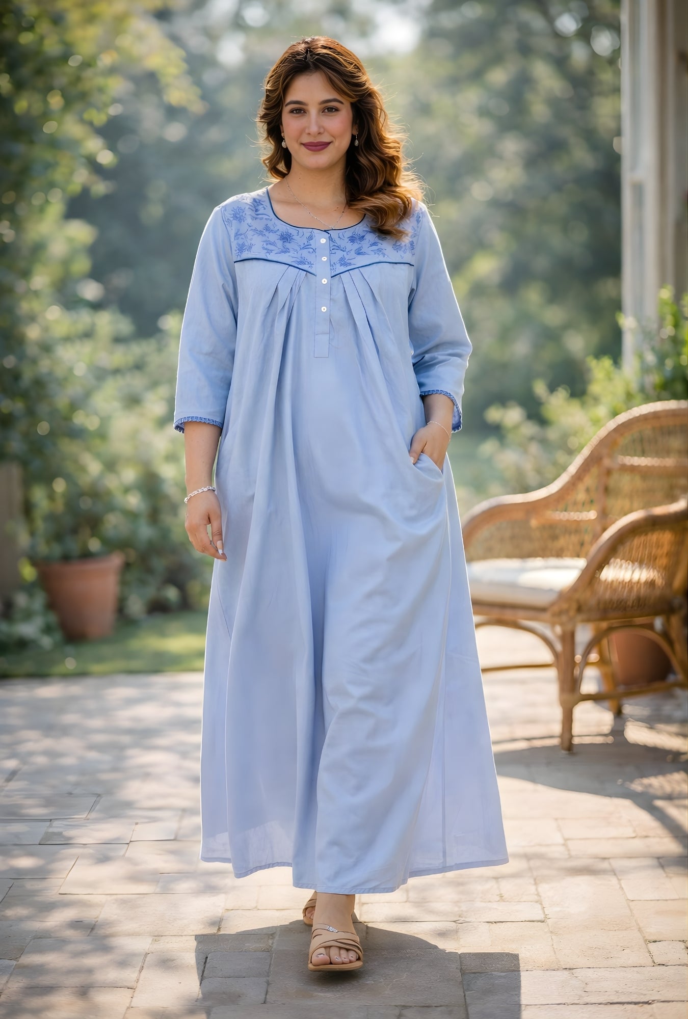 Sky Blue Floral Embroidery Yoke Cotton Night Gown
