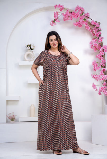 Mango Buti Coffee Cotton Printed Nightwear Gowns