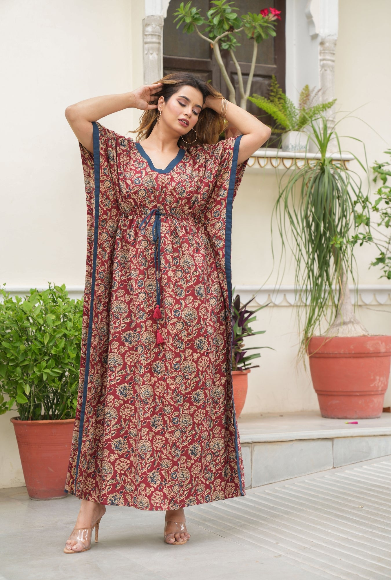 Flora Ajrak Maroon Loungewear Cotton Kaftan