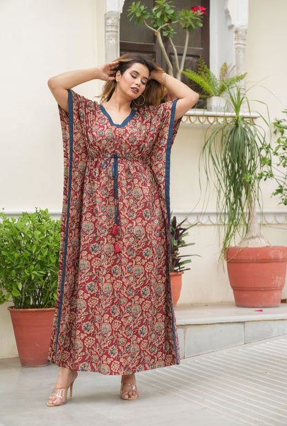 Flora Ajrak Maroon Loungewear Cotton Kaftan