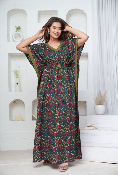 Petal Dance Teal Loungewear Cotton Kaftan