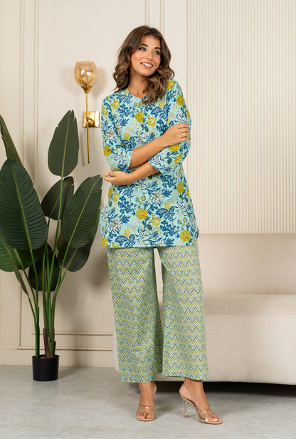 Wildflower Print Sea Green Cotton Loungewear set