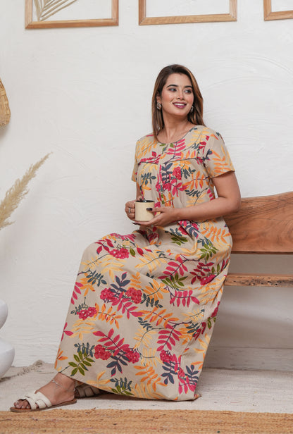 Neem Leaves Beige Cotton Printed Nightwear Gowns