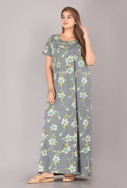 Hibiscus Flower Grey Cotton Printed Nightwear Gowns