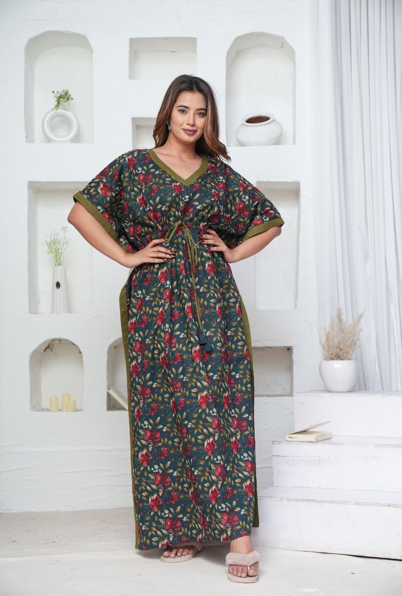 Petal Dance Teal Loungewear Cotton Kaftan