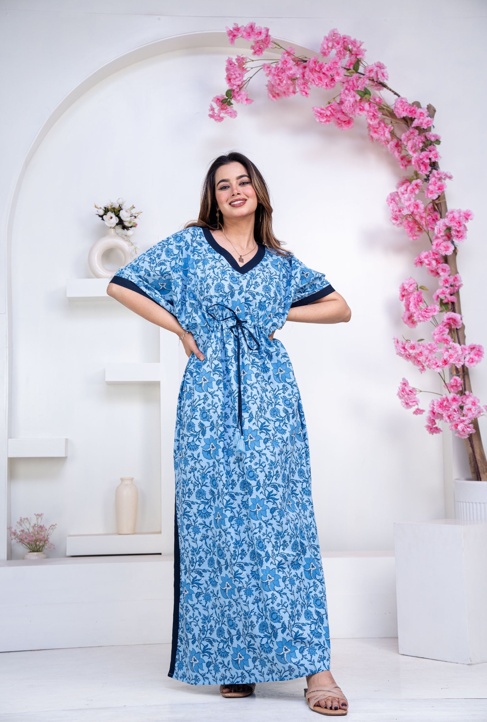 Petal Vines Blue Loungewear Cotton Kaftan
