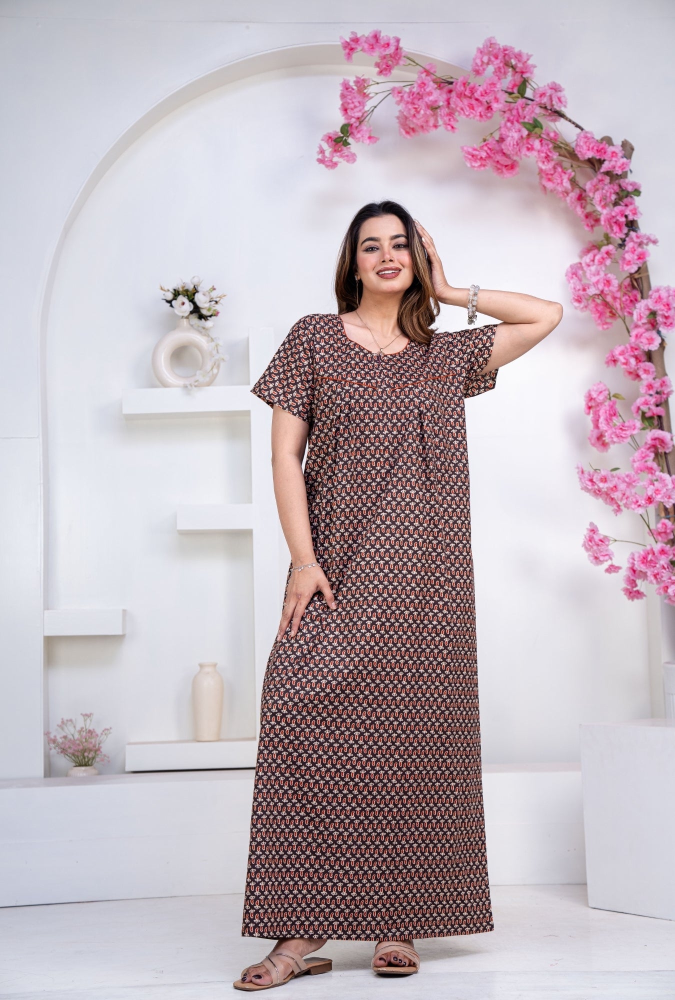 Mango Buti Coffee Cotton Printed Nightwear Gowns