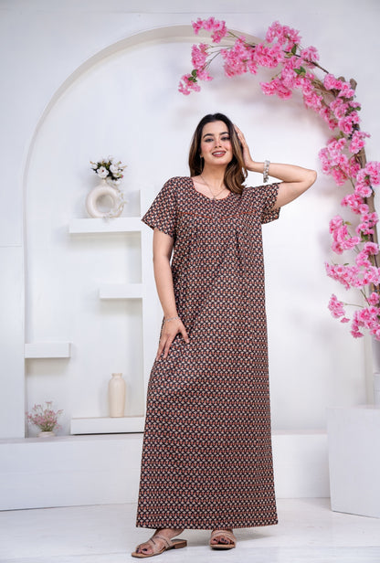 Mango Buti Coffee Cotton Printed Nightwear Gowns