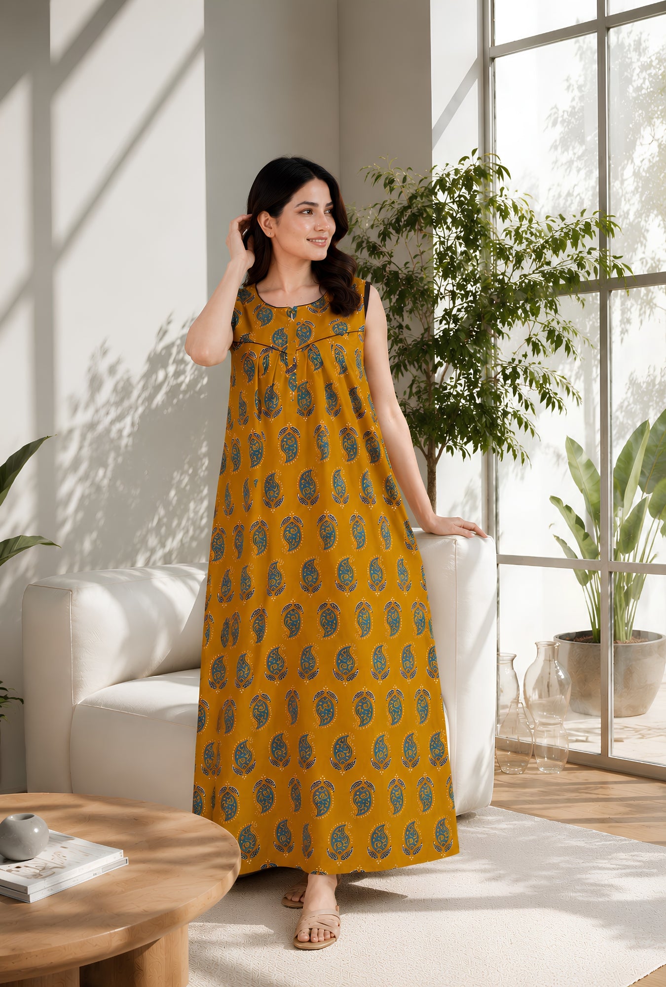 Dream Ease Mustard Sleeveless Cotton Night Gown
