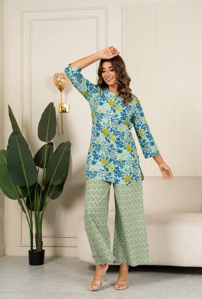 Wildflower Print Sea Green Cotton Loungewear set