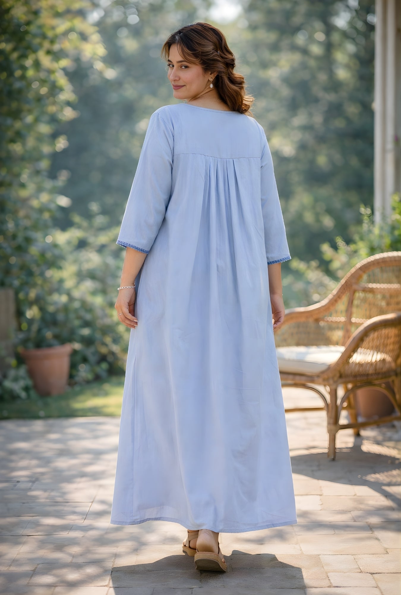 Sky Blue Floral Embroidery Yoke Cotton Night Gown