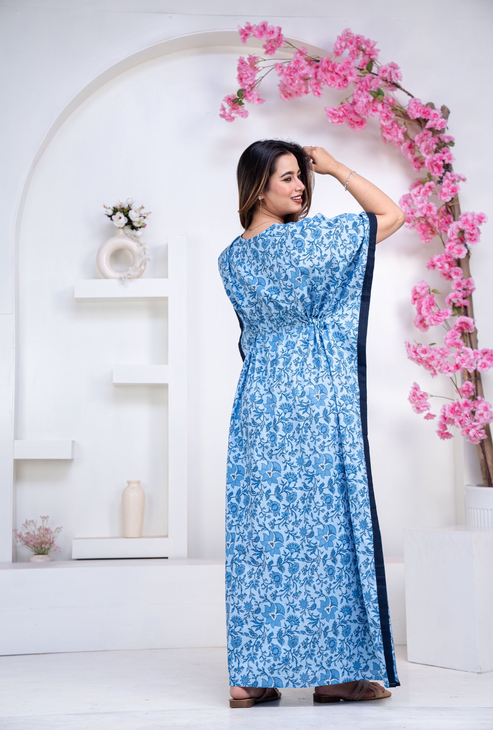Petal Vines Blue Loungewear Cotton Kaftan