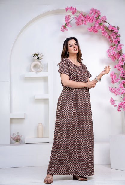 Mango Buti Coffee Cotton Printed Nightwear Gowns