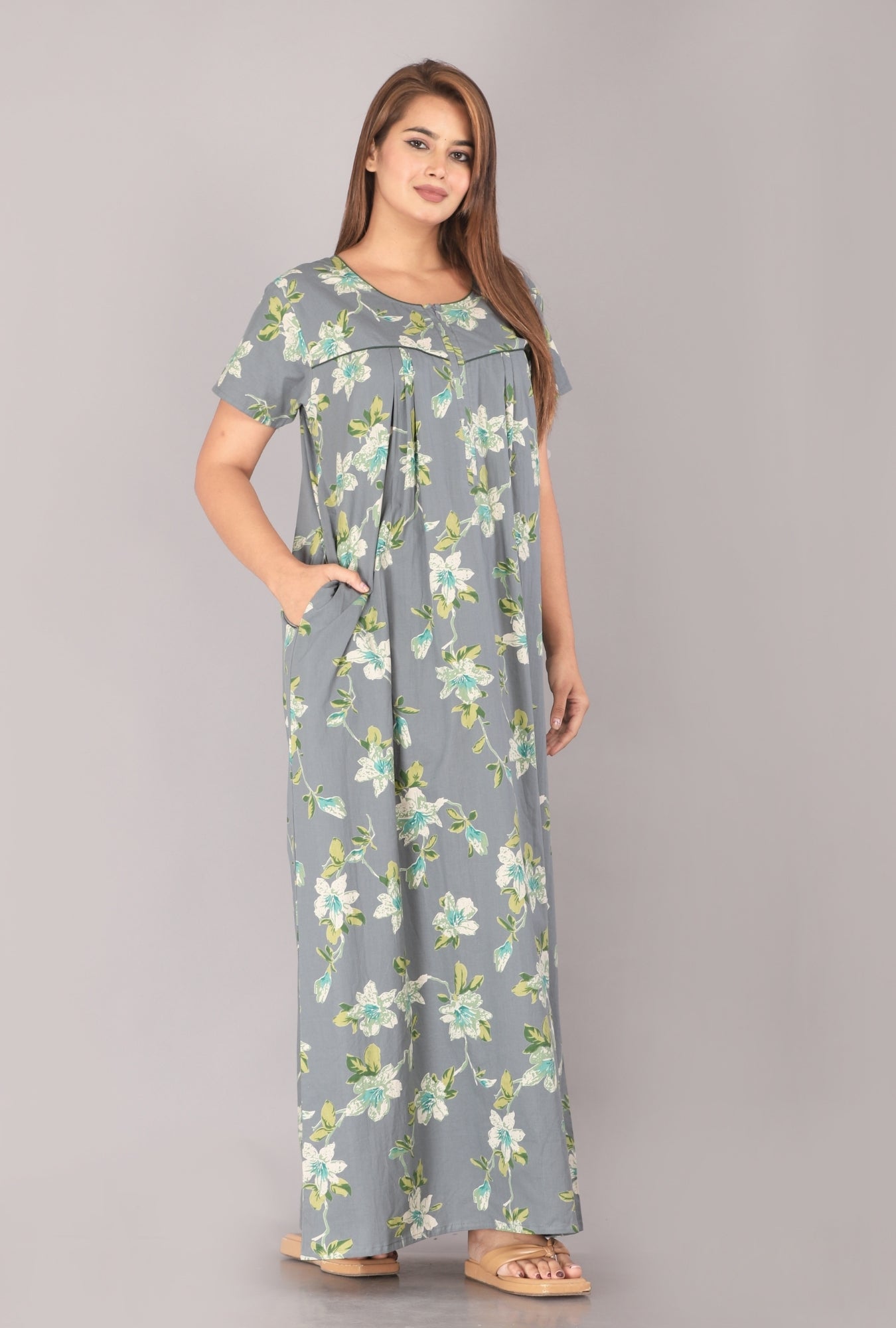 Hibiscus Flower Grey Cotton Printed Nightwear Gowns