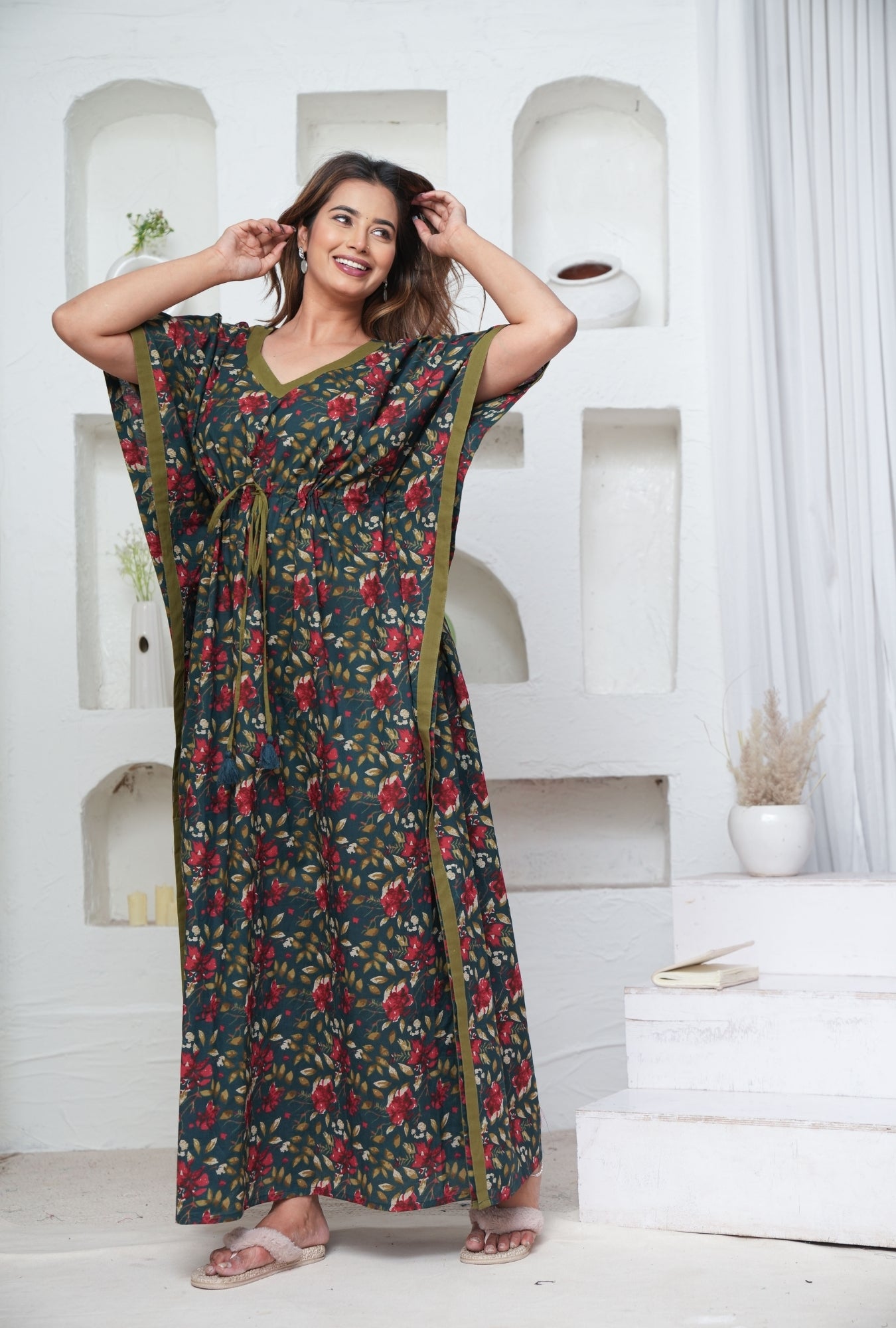 Petal Dance Teal Loungewear Cotton Kaftan