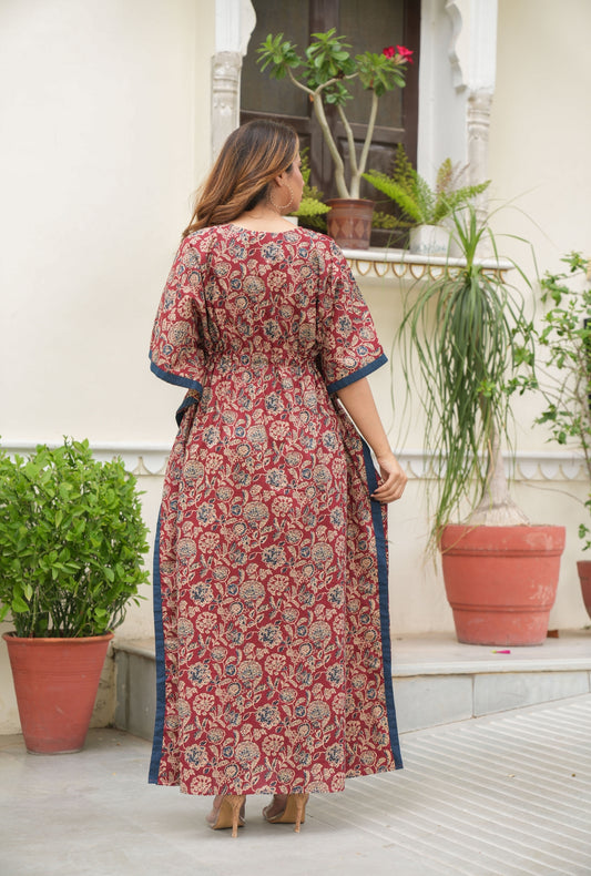 Flora Ajrak Maroon Loungewear Cotton Kaftan