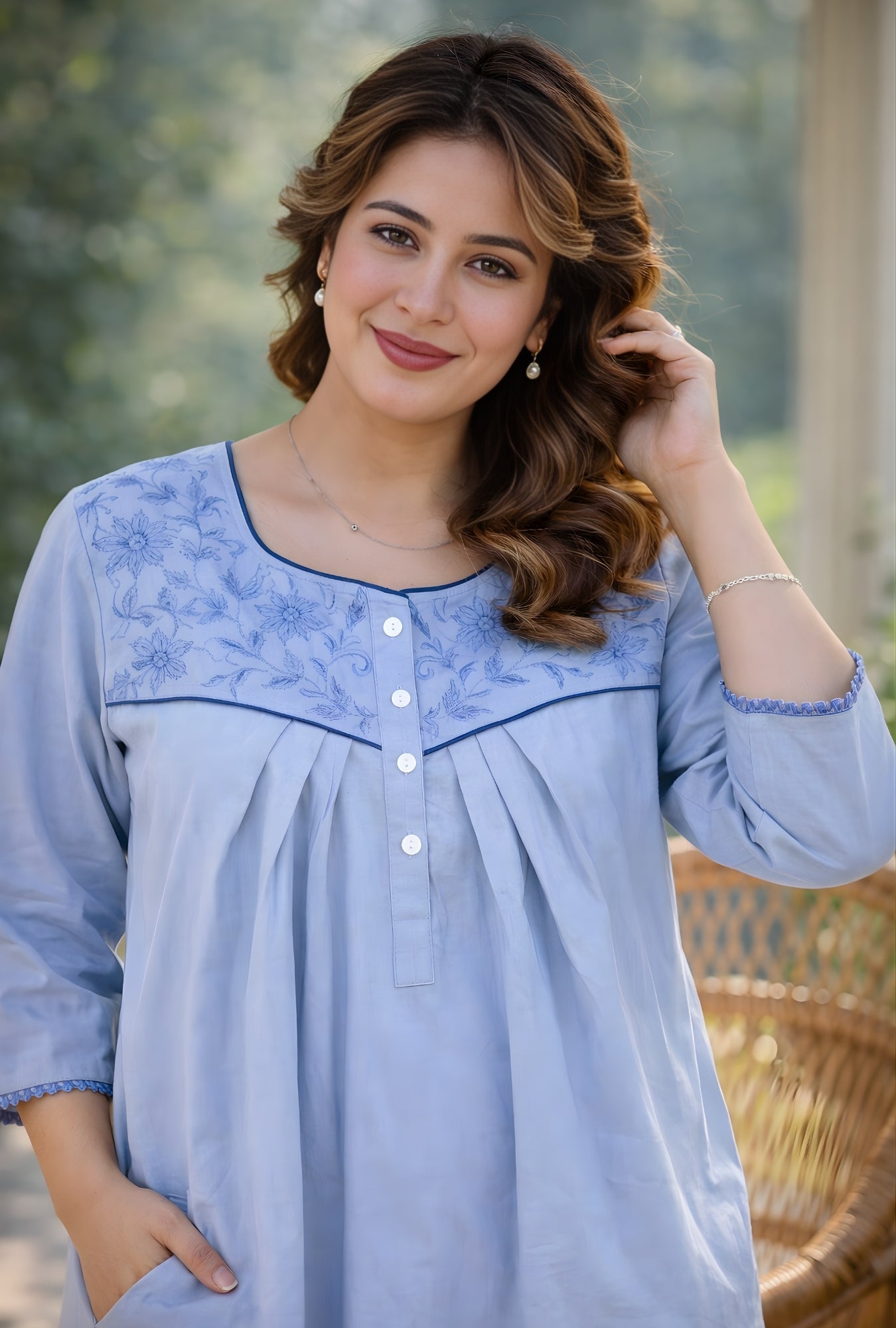Sky Blue Floral Embroidery Yoke Cotton Night Gown