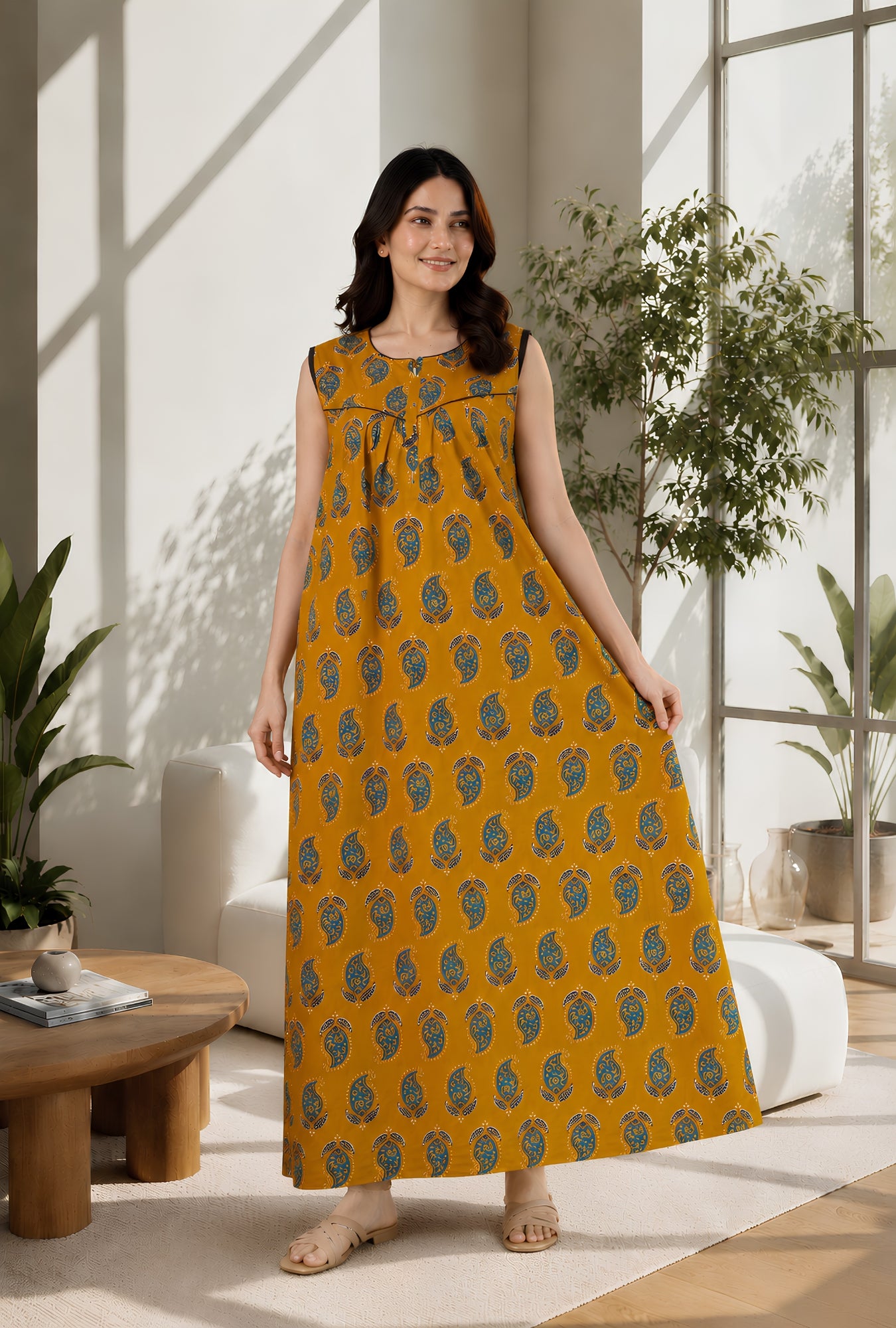 Dream Ease Mustard Sleeveless Cotton Night Gown