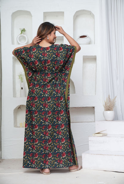 Petal Dance Teal Loungewear Cotton Kaftan
