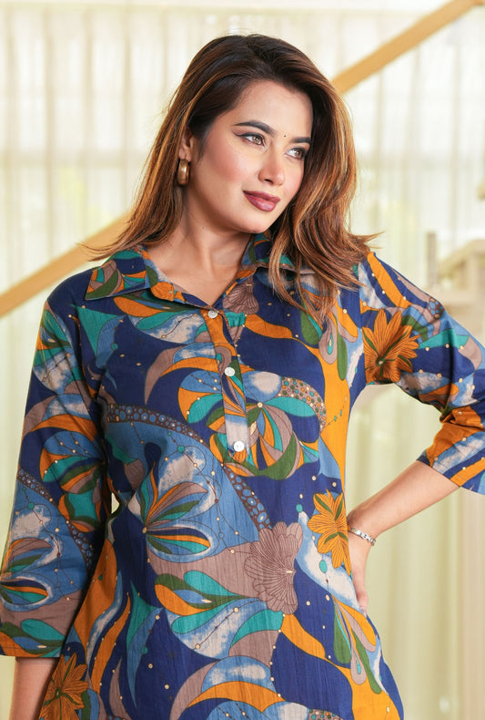 Polygona Blue Cotton Loungewear Co-ords Set