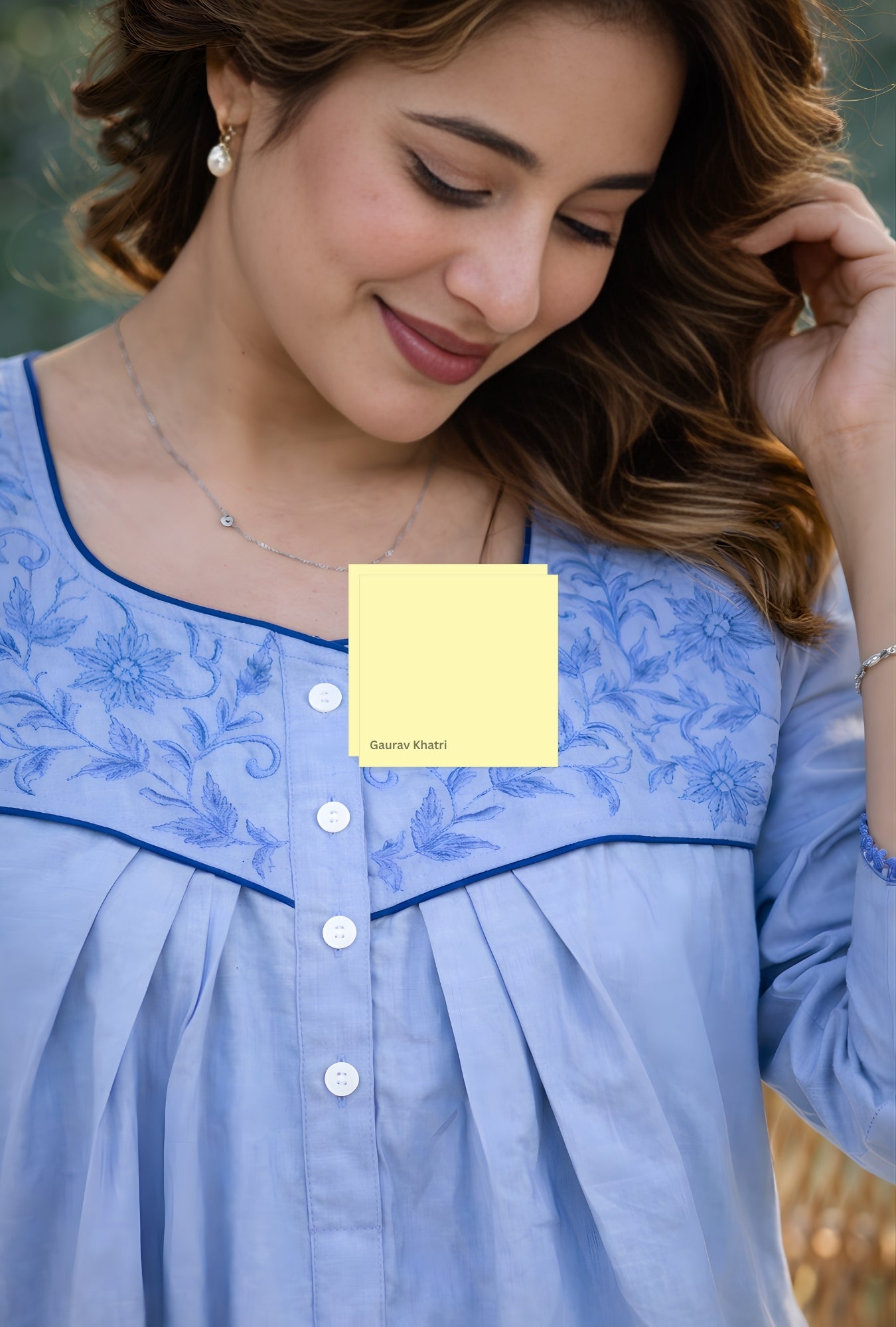 Sky Blue Floral Embroidery Yoke Cotton Night Gown