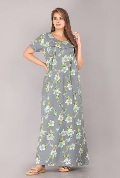 Hibiscus Flower Grey Cotton Printed Nightwear Gowns