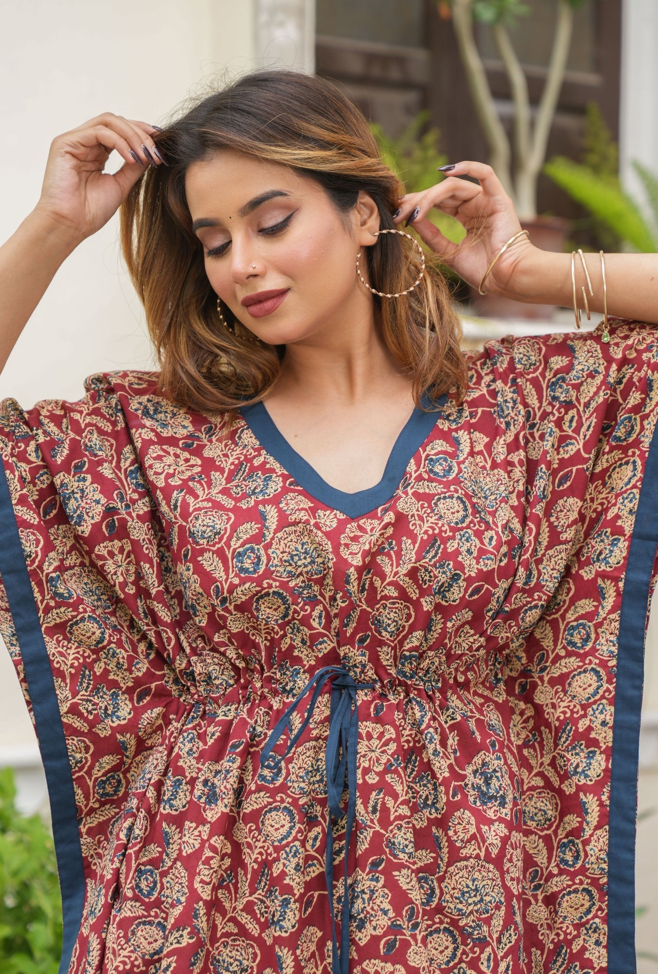 Flora Ajrak Maroon Loungewear Cotton Kaftan