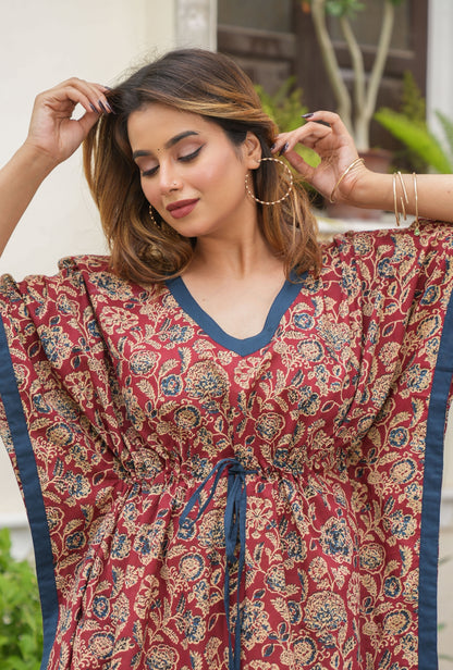 Flora Ajrak Maroon Loungewear Cotton Kaftan