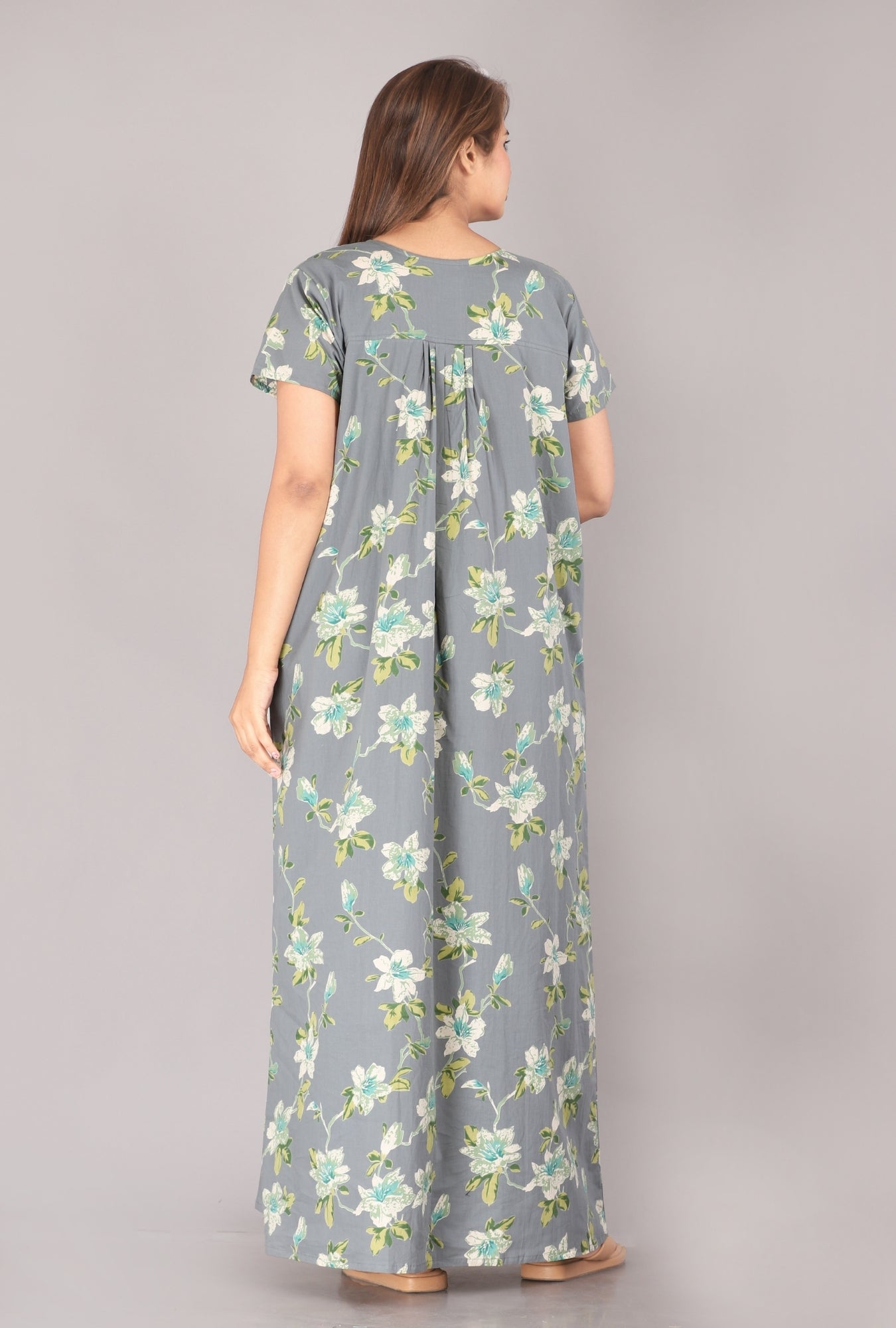 Hibiscus Flower Grey Cotton Printed Nightwear Gowns