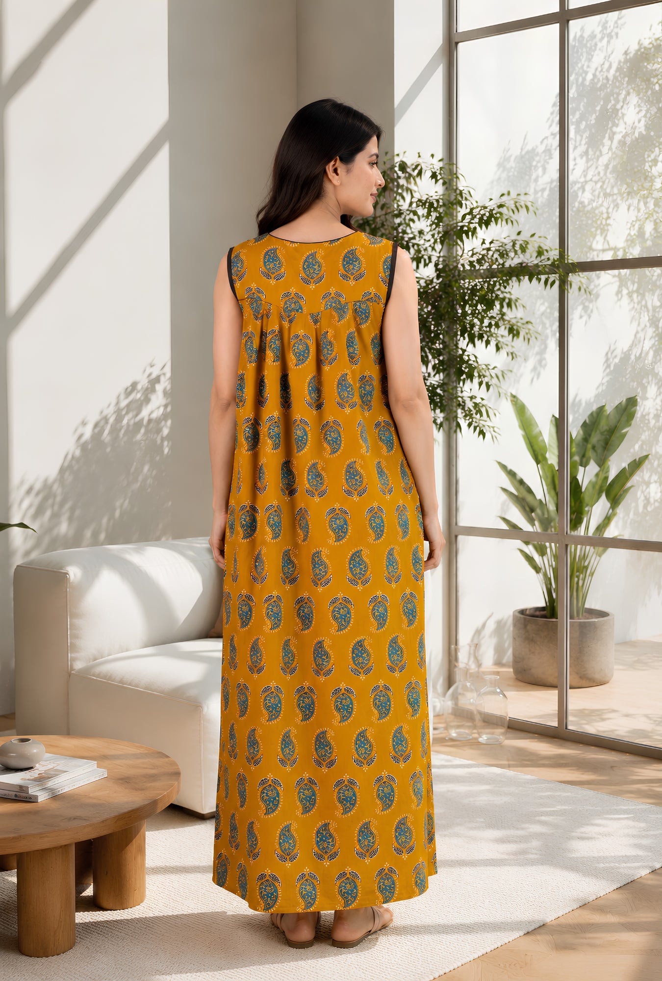Dream Ease Mustard Sleeveless Cotton Night Gown