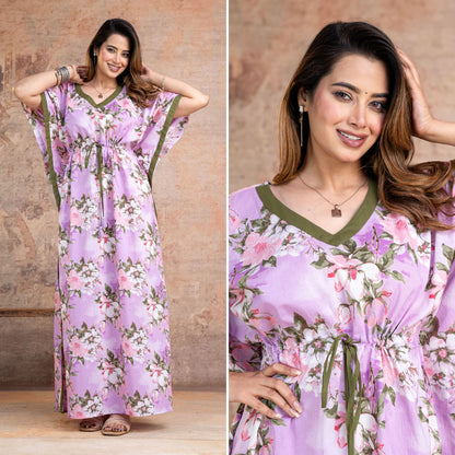Blossom Flower Purple Loungewear Cotton Kaftan