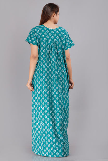 Gulmohar Sea Green Cotton Printed Nightwear Gowns