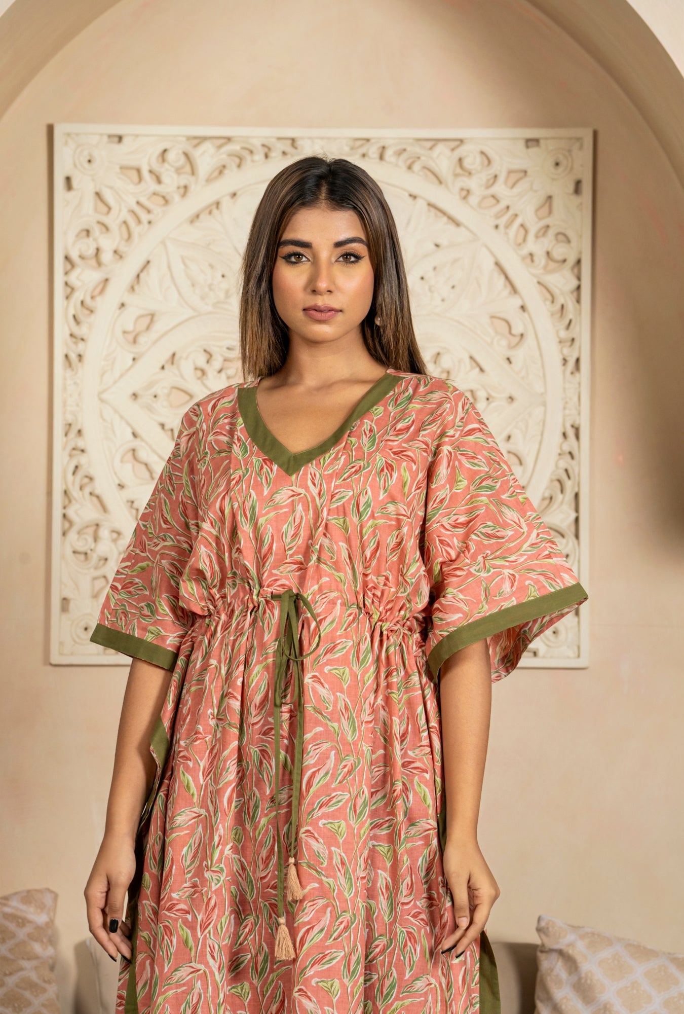 Garden Glow Peach Cotton Loungewear Kaftan