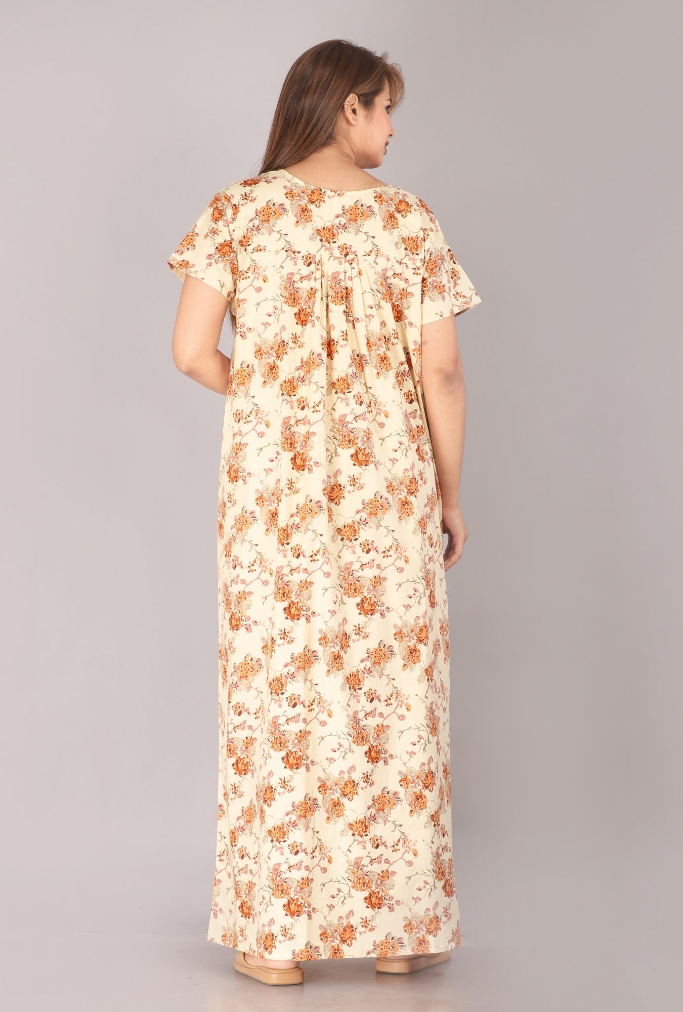 Wasp Flower Beige Cotton Printed Nightwear Gowns