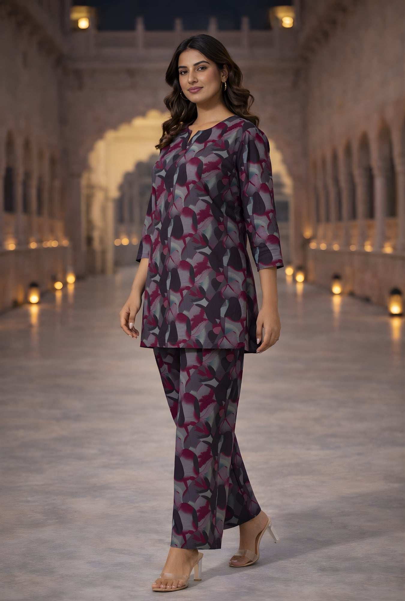 Hexa Maroon Grey Cotton Loungewear Co-ords Set